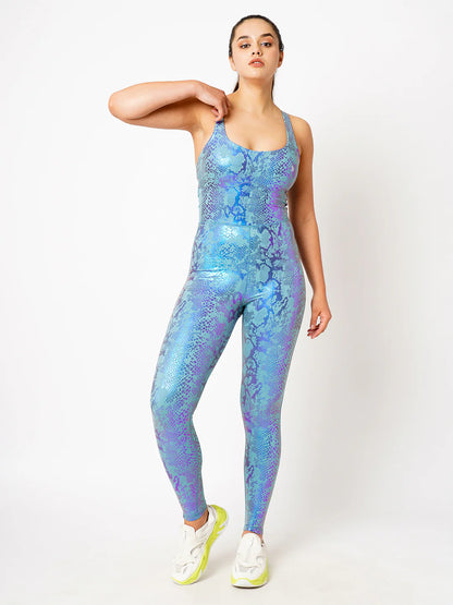 Saam Fashion Functional Teal Metallic Snakeskin Bodysuit